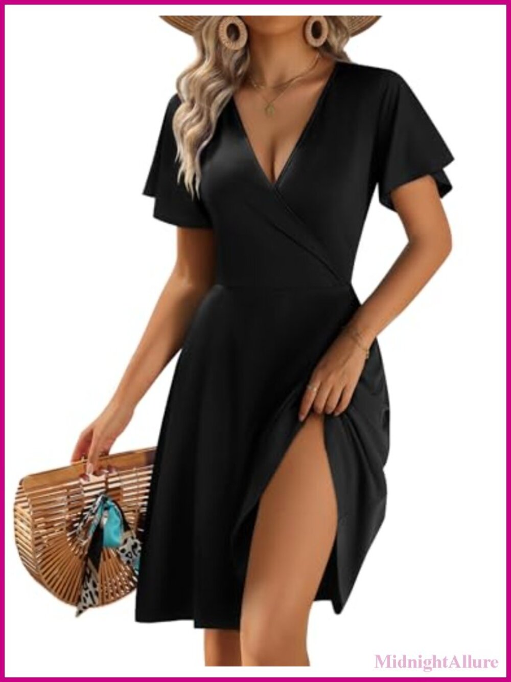 Women's Floral Wrap V Neck A-Line Ruffle Sleeve Summer Dress with Pockets